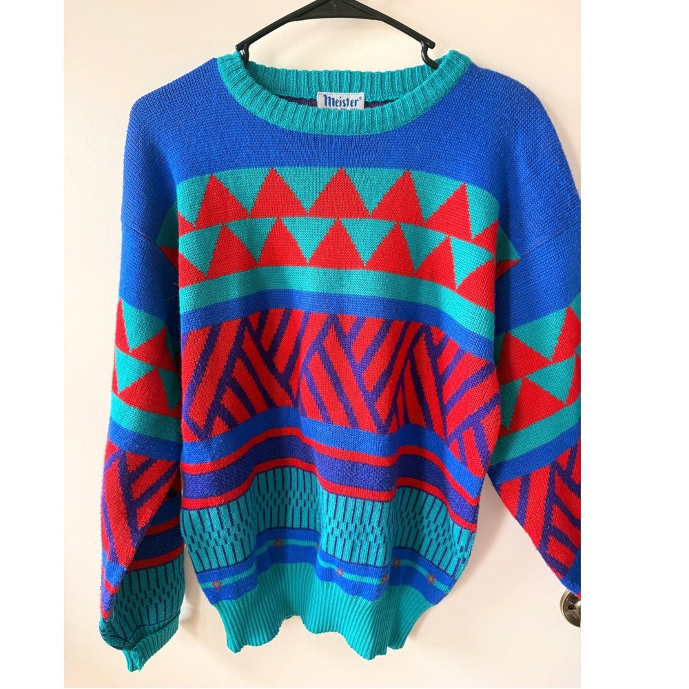 Vintage Meister Wool Blend Geometric Knit Sweater Blue Red Teal Womens Medium